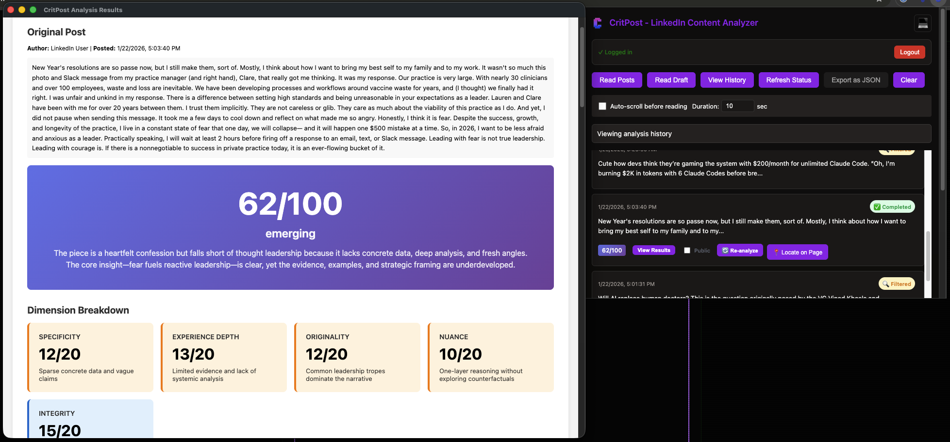 CritPost Chrome Extension with popup and analysis results window