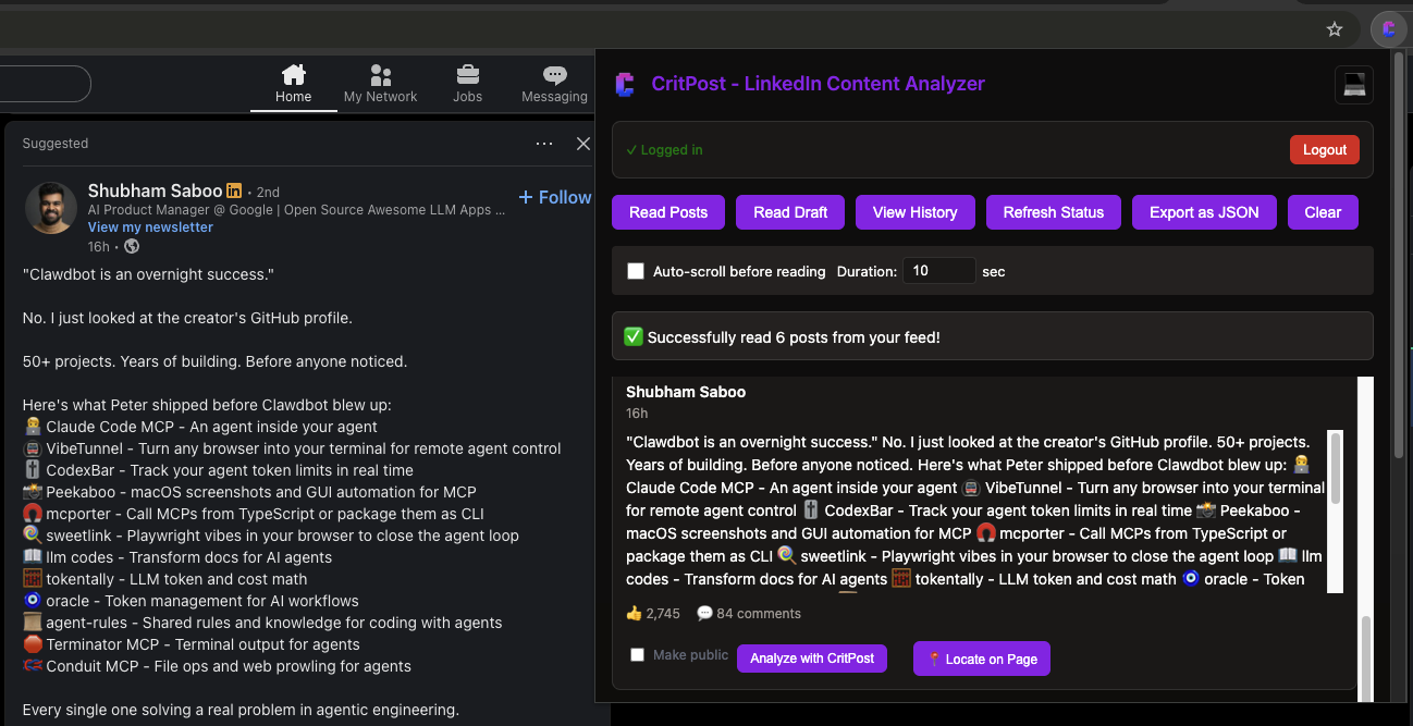 CritPost Chrome Extension popup interface showing analysis controls and history